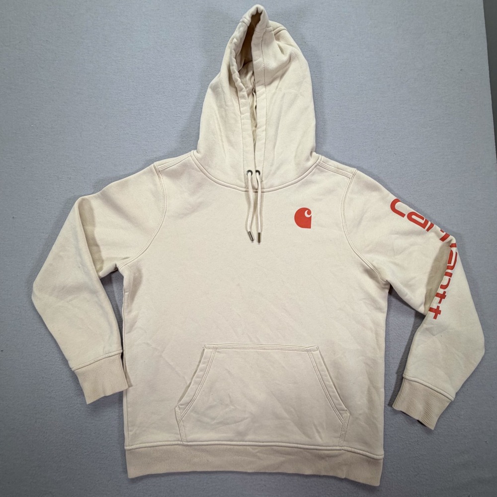 Carhartt Girls Hoodie Relaxed Fit Cream Red Logo Sleeve Graphic Large 12-14‎